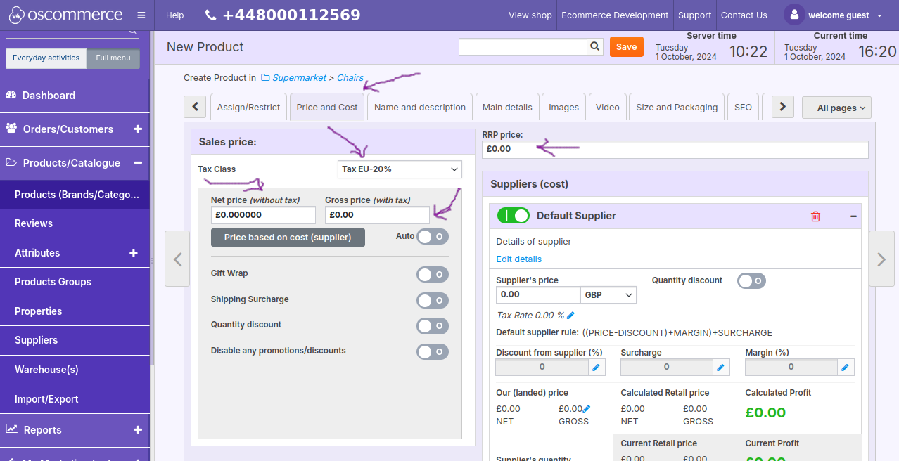 price and cost oscommerce