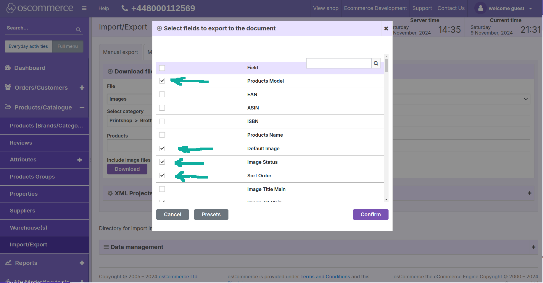 oscommerce field to export